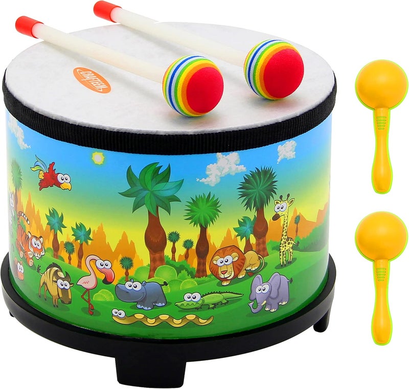 CRAFTEEM Floor Tom Drum for Kids 8-inch Percussion Instrument Music Drum with 2 Mallets and Color Maracas for Baby Children Special Christmas Birthday Toy Gift - Image 1